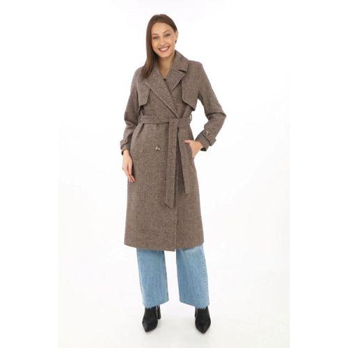 Balık Sırtı Yünlü Dokuma Kaşe Kaban – Kruvaze Yaka, Kuşaklı, Cepli, Astarlı Uzun Boy Tesettür Şık Kışlık Kaşe Kaban Modeli - Vizon