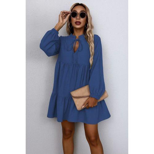 Kadın Uzun Kollu Yakadan Bağcıklı Fırfırlı Keten Mini Elbise