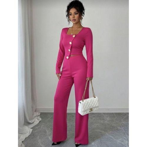 Kadın Uzun Kol Kare Yaka Asimetrik Düğme Detay Bluz Ve Yüksek Bel Pantolon Ikili Takım