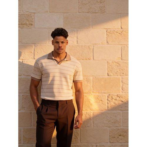 Gert Relaxed Fit Çizgili Pike Kumaş V Pat Polo Yaka T-Shirt - Bej