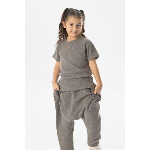 Kısa Kol Batı Yazlık Müslin Kız Çocuk Tshirt Gri Gri