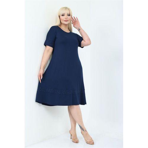 Melsay Butik Taş Baskılı Şerit Kısa Kollu Lacivert Midi Elbise