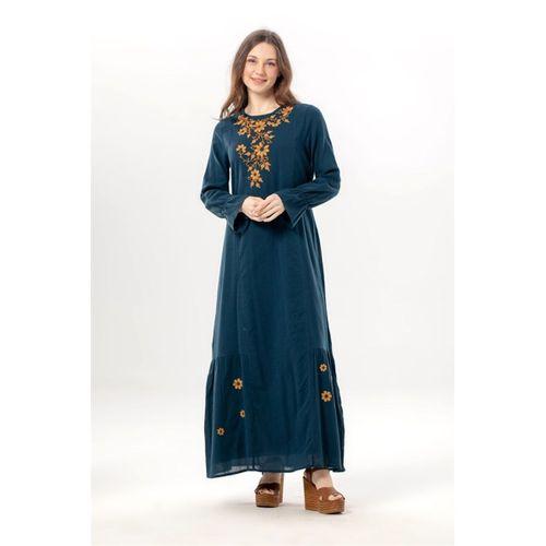 Uzun Kol Aysu Nakışlı Bisiklet Yaka Şile Bezi Yazlık Uzun Elbise Petrol Ptrl