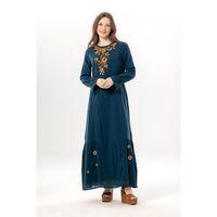 Uzun Kol Aysu Nakışlı Bisiklet Yaka Şile Bezi Yazlık Uzun Elbise Petrol Ptrl