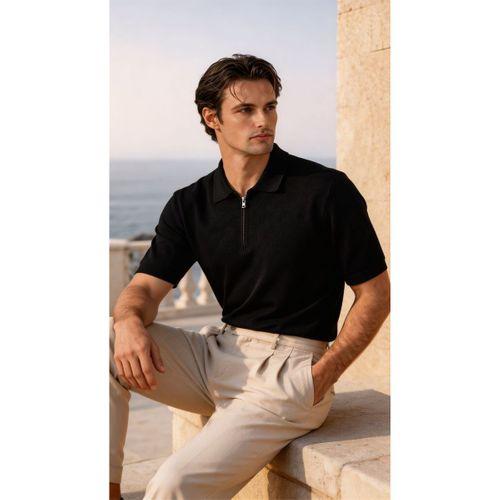 Linus Fermuarlı Polo Yaka Kısa Kollu İnce Triko Erkek T-Shirt - Siyah