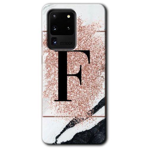 Galaxy S20 Ultra Kılıf HD Desen Baskılı Arka Kapak - Pembe Mermer Desenli F Harfi + Kırılmaz Cam