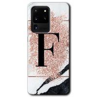 Galaxy S20 Ultra Kılıf HD Desen Baskılı Arka Kapak - Pembe Mermer Desenli F Harfi + Kırılmaz Cam