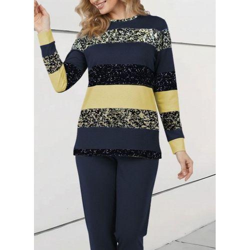 Kadın Uzun Kollu Bisiklet Yaka çizgili Desen Iki Iplik Bluz Ve Pantolon Ikili Takım