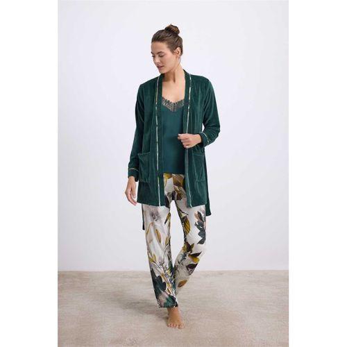 Kadın Kadife Sabahlık, Dantelli Atlet Ve Desenli Pantolon Pijama Takım