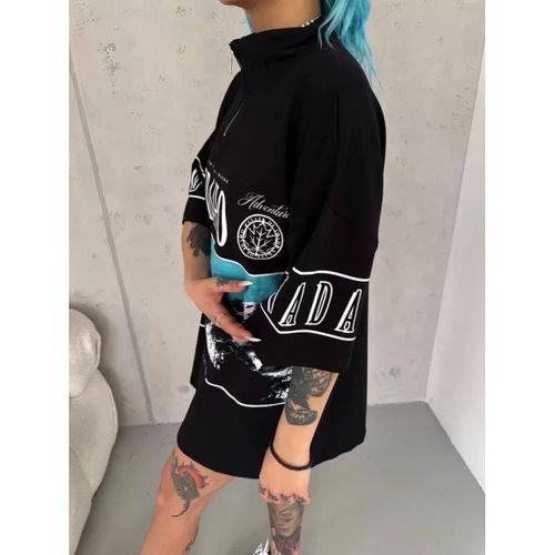 Pilelistore Unisex Baskılı Yarım Fermuarlı T-Shirt - Siyah