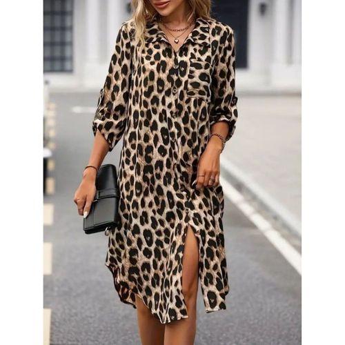 Kadın Uzun Kollu Yakalı önden Düğmeli Leopar Desenli Modal Midi Elbise