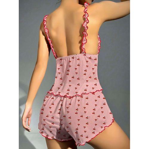 Kadın Pembe Kiraz Desenli Fırfırlı Şortlu Gecelik Takım 5102