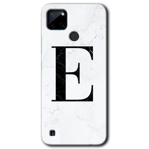 MRCİLETİSİM Realme C21 Kılıf Baskılı Kapak - Beyaz Mermer Desenli E Harfi + 5D Tam Kaplayan Cam