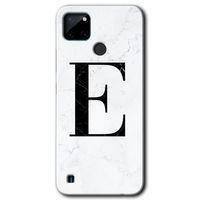 MRCİLETİSİM Realme C21 Kılıf Baskılı Kapak - Beyaz Mermer Desenli E Harfi + 5D Tam Kaplayan Cam