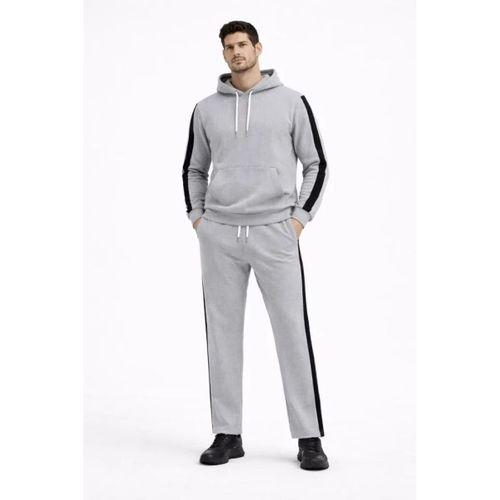 Erkek Şeritli Eşofman Takım Kapüşonlu Sweatshirt Boru Paça Alt, Oversize 3 Iplik Pamuklu - Gri