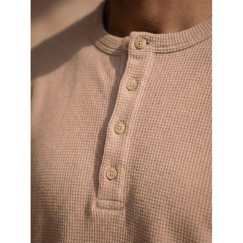 Roth Relaxed Fit Günlük Henley Yaka Waffle Kumaş Yazlık Kısa Kollu T-Shirt - Bej