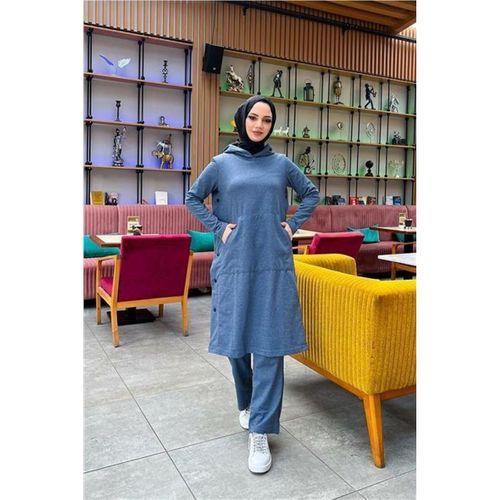 Kapşonlu Yandat Çıtçıtlı Sade Basic Uzun Tunik ve Pantolon İkili Spor Takım - 03071.006 - İndigo