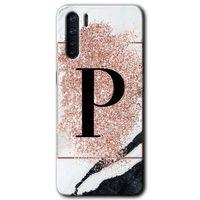 Oppo A91 Kılıf Baskılı Arka Kapak - Pembe Mermer Desenli P Harfi +Tam Ekran Koruyucu