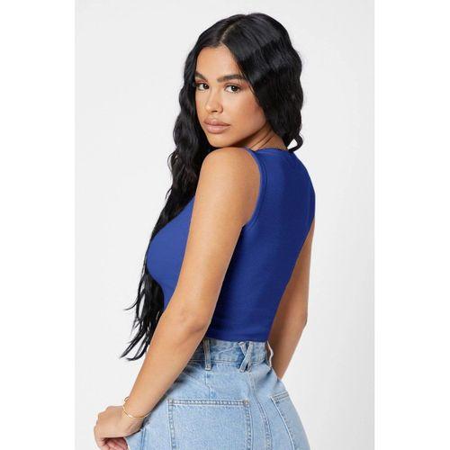 Kadın Lacivert Kare Yaka Crop Top Bluz