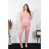 Kadın Büyük Beden Pudra İp Askılı Pijama Takım