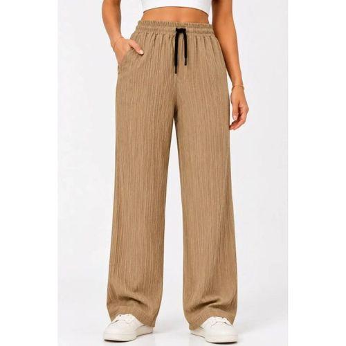 2li Bürümcük Kumaş Beli Lastikli Bağcıklı Bol Paça Pantolon - Beyaz/Vizon