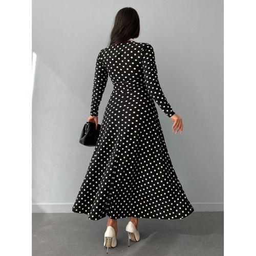 Kadın Siyah Tam Boy Beyaz Puantiyeli Elbise