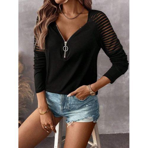 Kadın Uzun Kollu Yakadan Fermuarlı Viskon Bluz
