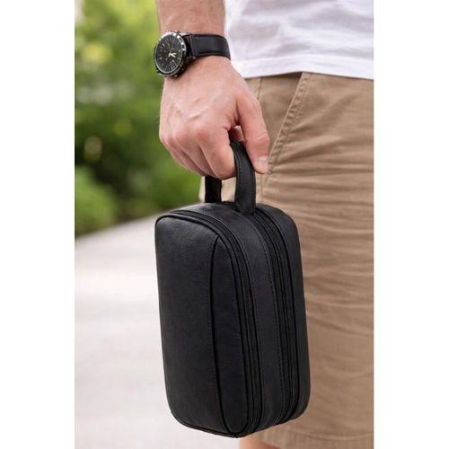 Desmond Erkek Deri El Tutmalı Çift Fermuarlı ve Cepli Seyahat & Bakım Çantası - Siyah