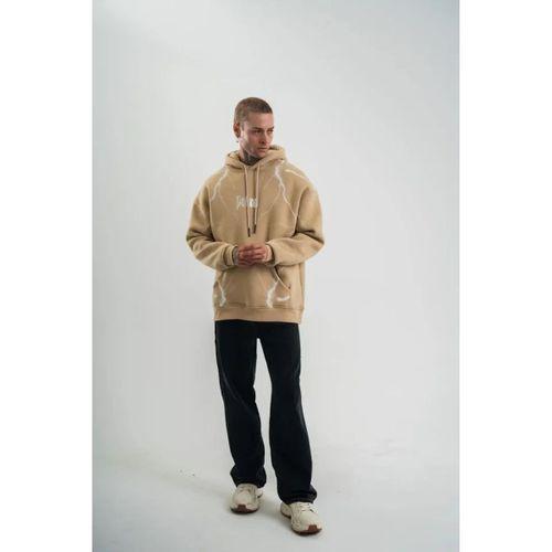 Erkek Şimşek Baskılı Kapşonlu Sweatshirt Üç İplik Pamuklu Kanguru Cepli Double Oversize Hoodie - Bej