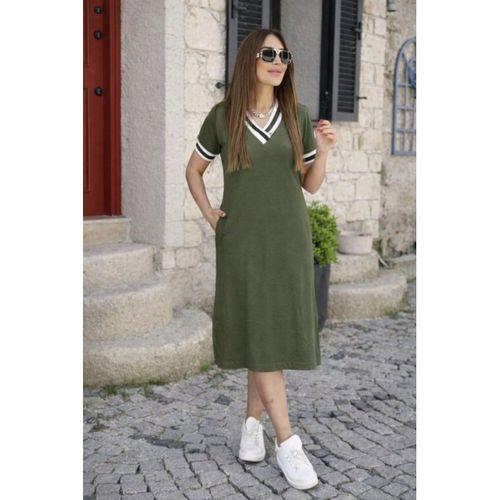 Kadın Kısa Kollu V Yaka Ve Yaka Ribana Detay Midiboy Viskon Elbise