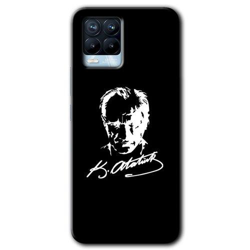 MRCİLETİSİM Realme 8 Kılıf Baskılı Kapak - Atatürk Silüet İmza + 5D Tam Kaplayan Cam