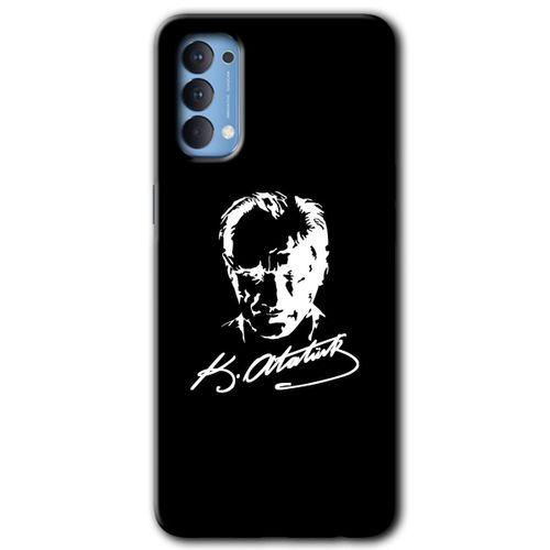Oppo Reno 4 Kılıf HD Desen Baskılı Arka Kapak + Temperli Cam - Atatürk Silüet İmza