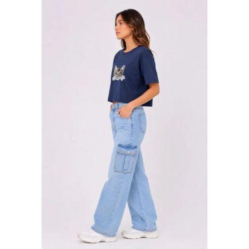 Kedi Baskılı Oversize Crop Tişört Salaş Basic Yarım Kol T-shirt - Lacivert
