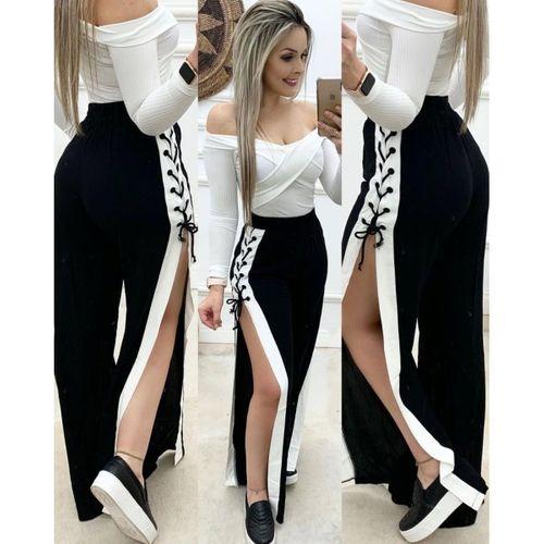 Kadın Yüksek Bel Yandan çapraz Bağcıklı Yırtmaçlı Viskon Iki Iplik Pantolon