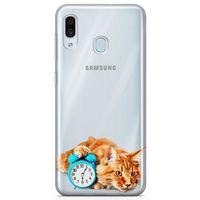 Samsung Galaxy A20 Kılıf Masa Saati Kedi Arka Kapak Koruma Desenli Full Koruyucu