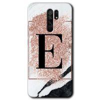 Redmi 9 Kılıf HD Desen Baskılı Arka Kapak - Pembe Mermer Desenli E Harfi + Kırılmaz Cam