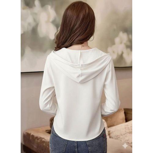 Kadın Uzun Kollu Kapşonlu Bağcıklı Düğmeli Viskon Iki Iplik Bluz