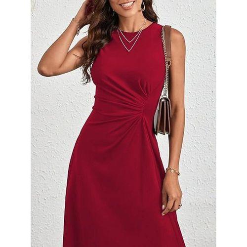 Kadın Sıfır Kollu Bisiklet Yaka Büzgülü Asimetrik Kesim Detaylı Janjan Krep Elbise