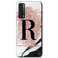 Huawei P Smart 2021 Kılıf HD Desen Baskılı Arka Kapak - Pembe Mermer Desenli R Harfi + Kırılmaz Cam