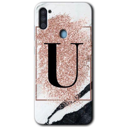MRCİLETİSİM Samsung Galaxy A11 Kılıf Baskılı Kapak - Pembe Mermer Desenli U Harfi +Tam Kaplayan Mat Seramik
