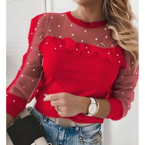 Kadın Uzun Kollu Inci Detaylı Tüllü Viskon Bluz