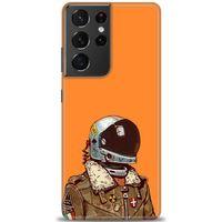 Samsung Galaxy S21 Ultra Kılıf HD Baskılı Kılıf - Turuncu Astronot + Tam Ekran Koruyucu
