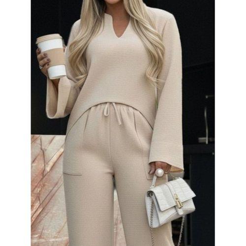 Kadın Uzun Kollu V Yakalı Keten Bluz Bağcıklı Pantolon Ikili Takım
