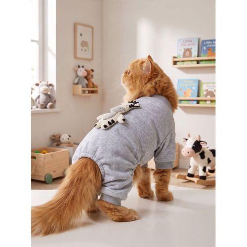Moo Moo Cozy Kedi Tulumu | Gri Melanj Kalın Penye Kedi Kıyafeti