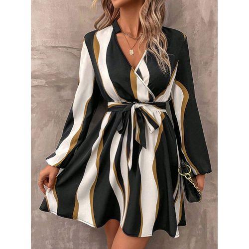 Kadın Uzun Kollu Kruvaze Yakalı Desenli Modal Mini Elbise