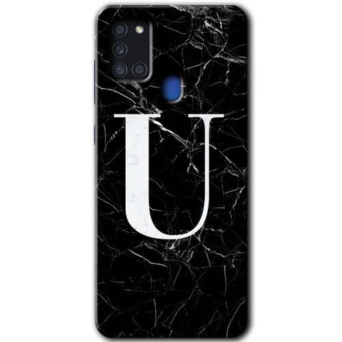 Galaxy A21s Kılıf HD Desen Baskılı Arka Kapak - Siyah Mermer Desenli U Harfi