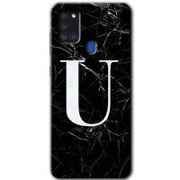 Galaxy A21s Kılıf HD Desen Baskılı Arka Kapak - Siyah Mermer Desenli U Harfi
