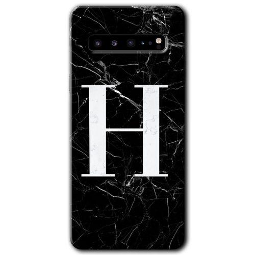 Galaxy S10 Plus Kılıf HD Desen Baskılı Arka Kapak - Siyah Mermer Desenli H Harfi