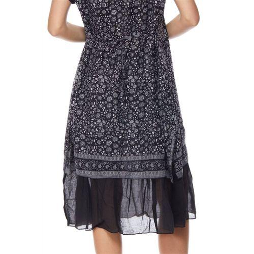 Siyah Çiçek Desenli Vual Midi Elbise-6098
