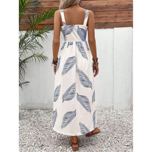 Kadın Askılı önden Düğmeli Yaprak Desenli Uzun Süprem Elbise